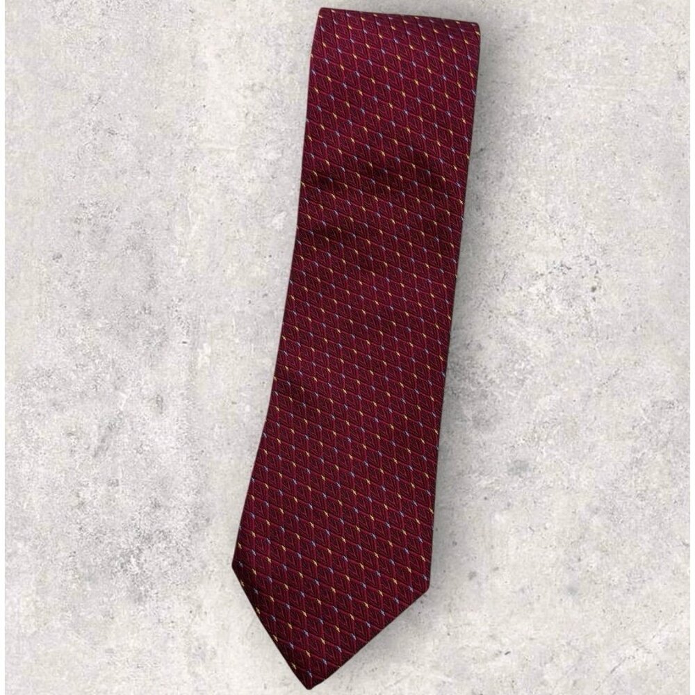 BEREND DEWITT Silk Tie ITALY Burgundy Blue Gold Geometric W:3.6" EUC